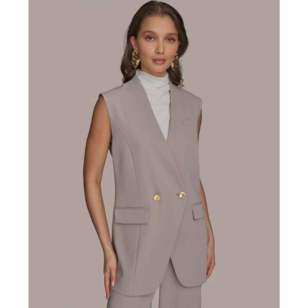 Donna Karan New York Women's Pinstripe Vest Regular Beige Size 16 17286